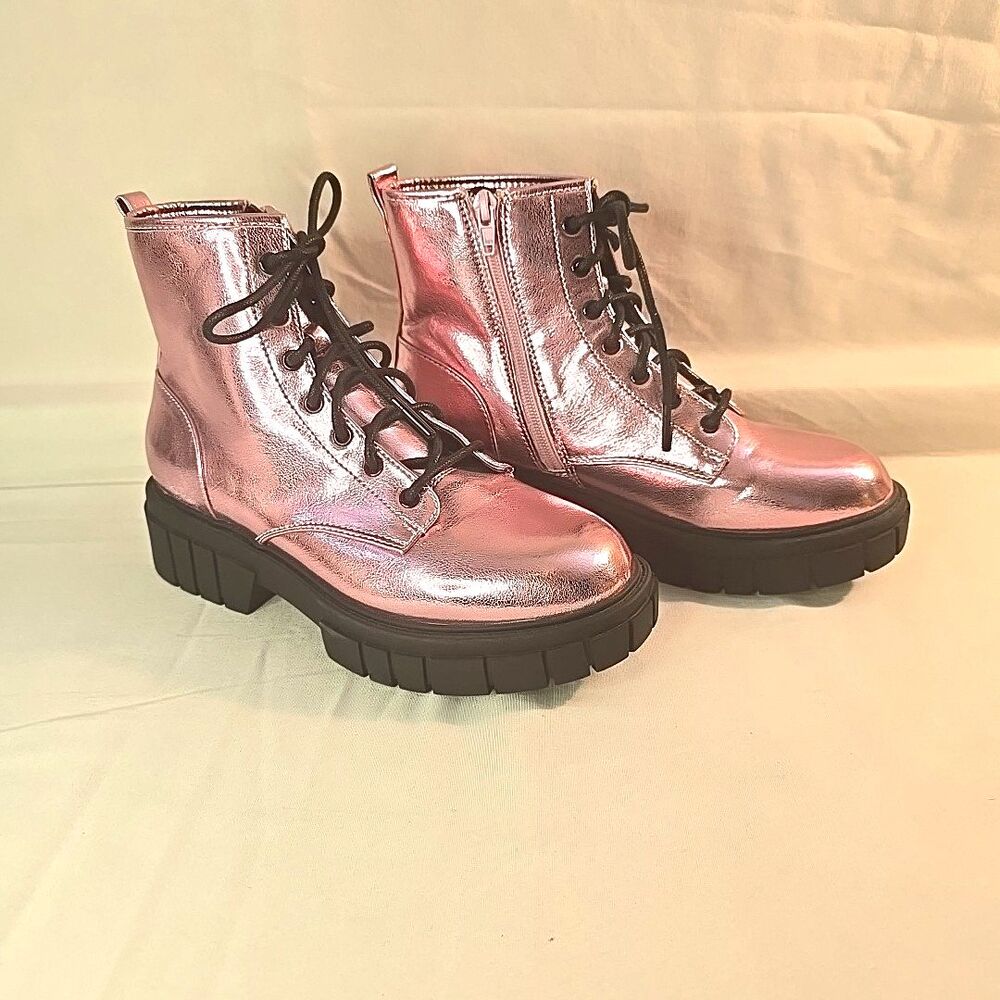 Madden NYC Metallic Pink Lace Up & Zip Combat Boots Youth Size 5 Stompers Moto